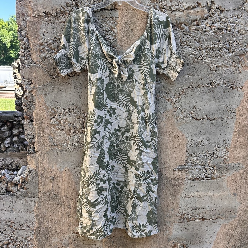 Mimi Chica Cottagecore Milkmaid Dress Green Palm Print Smocked Midi Size S